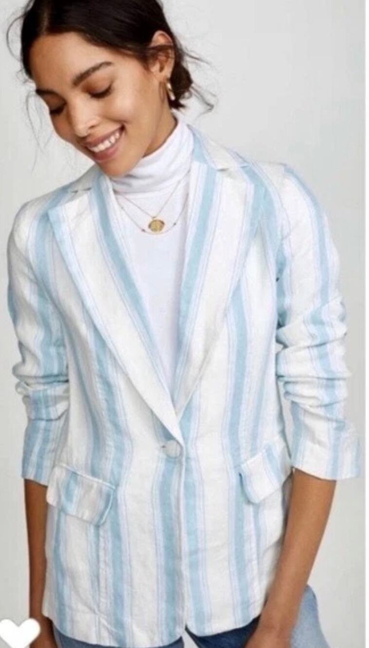 FRAME Classic Blue & White Stripe Woven Linen Single Button Blazer Size 4